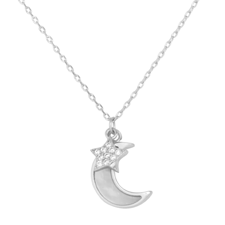 新品-純銀項鍊，女士項鍊 月亮貝殼 滿鋯星型墜飾；象徵希望幸福和夢想（3697銀色）