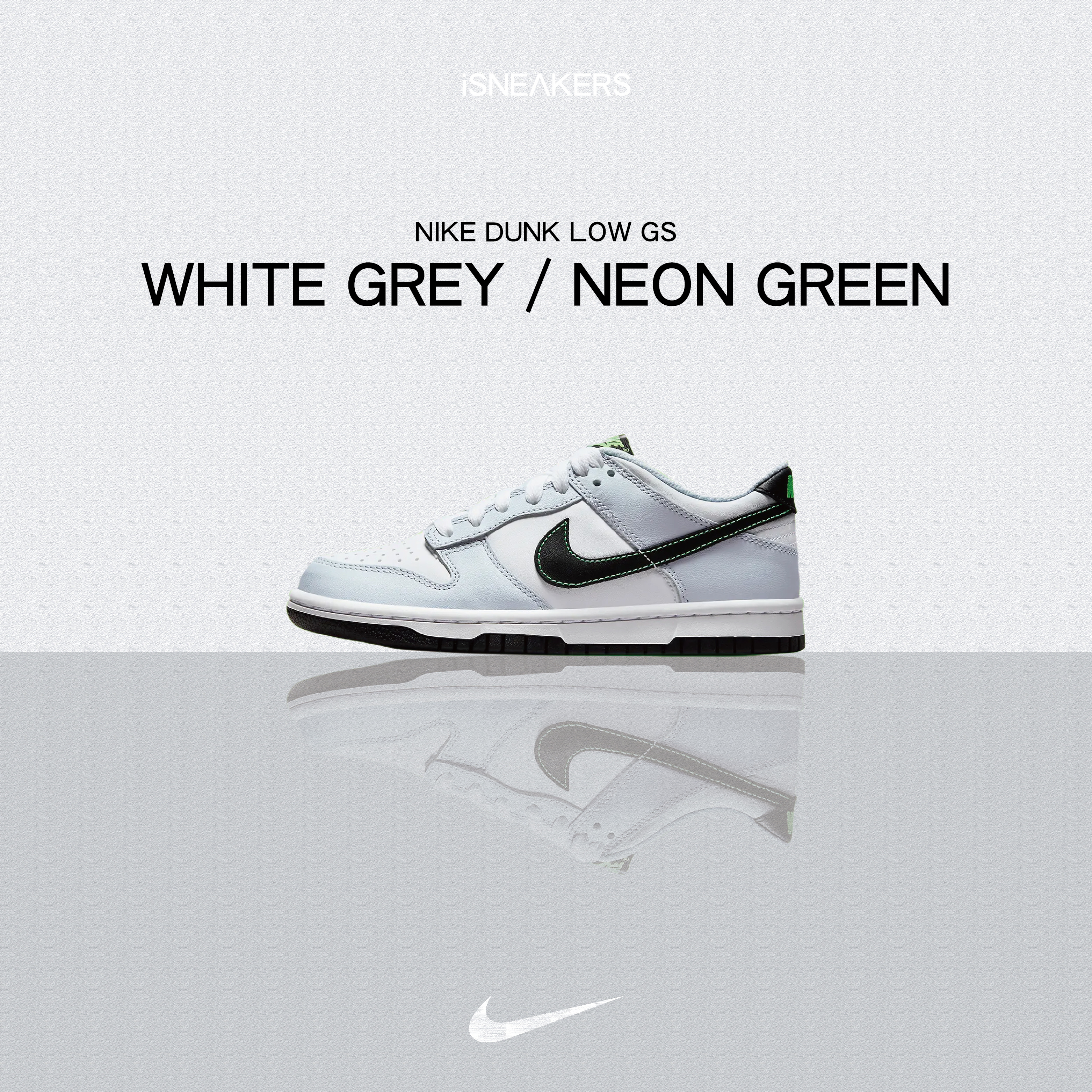 iSNEAKERS｜Nike Dunk Low GS "White Grey / Neon Green" 雲霧灰綠 FB9109-107
