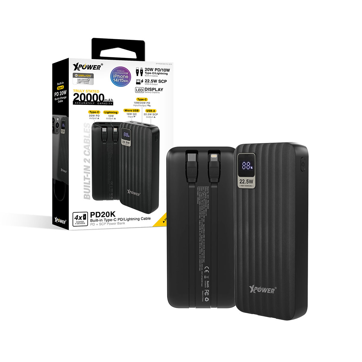 XPower PD20K 4輸出雙內置線Type-C PD & Lightning 20000mAh PD+SCP充電器