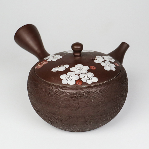 【玉光】茶平松皮 紅白梅蓋 橫手急須0.27L