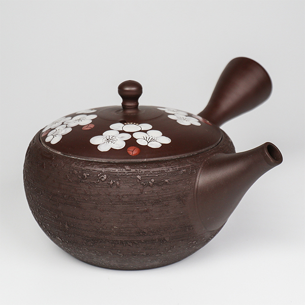 【玉光】茶平松皮 紅白梅蓋 橫手急須0.27L