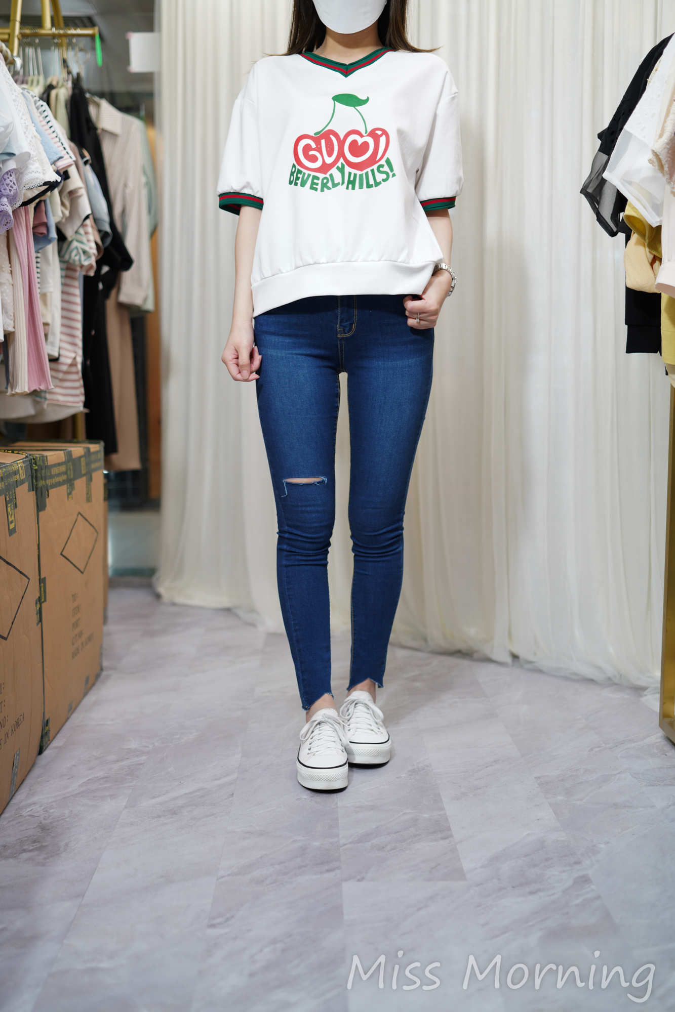 拼色V領圖案款上衣(13787)