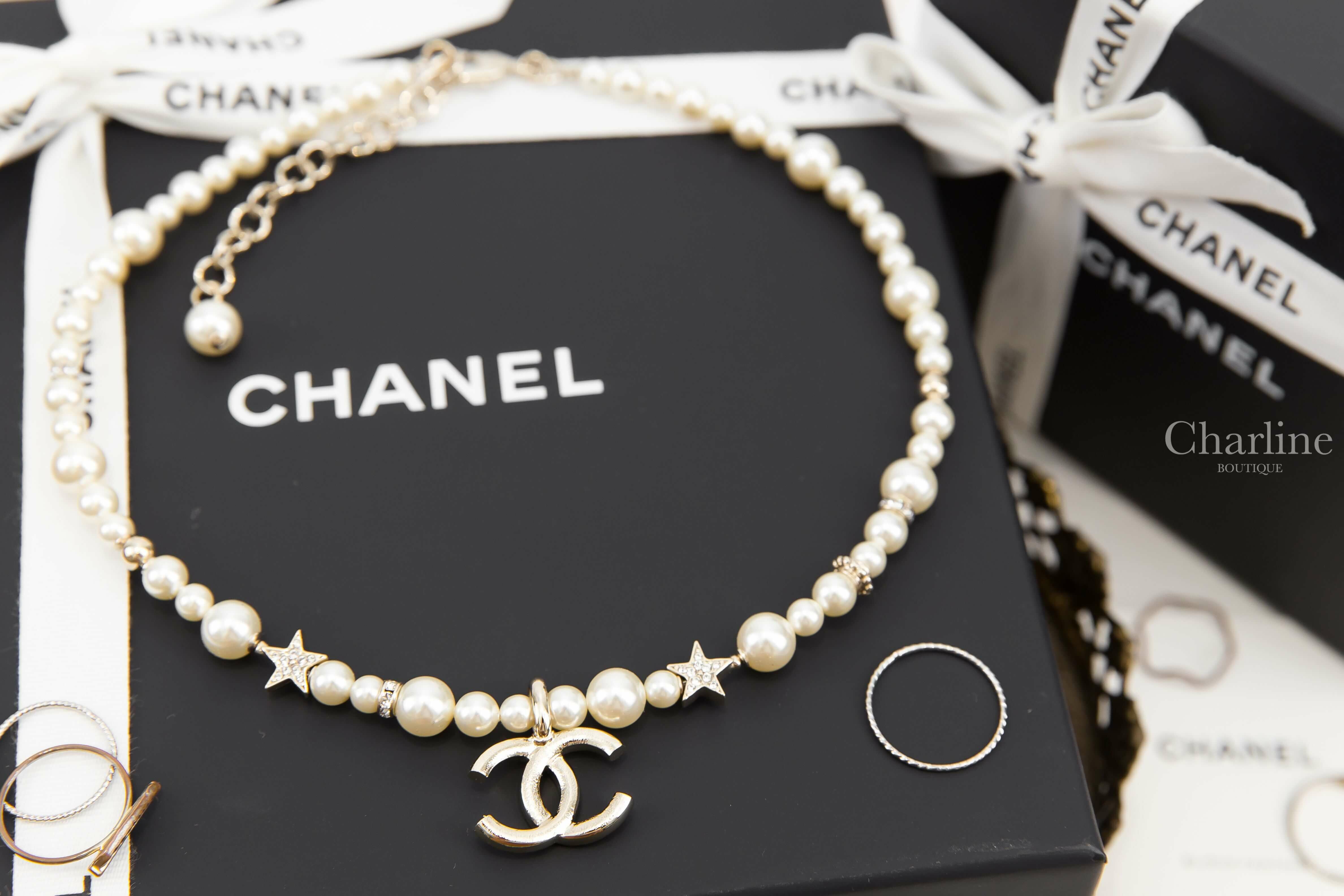 Chanel Necklace 金色水鑽星星大小珍珠水鑽CC垂墜項鍊-Charline Boutique 精品代購