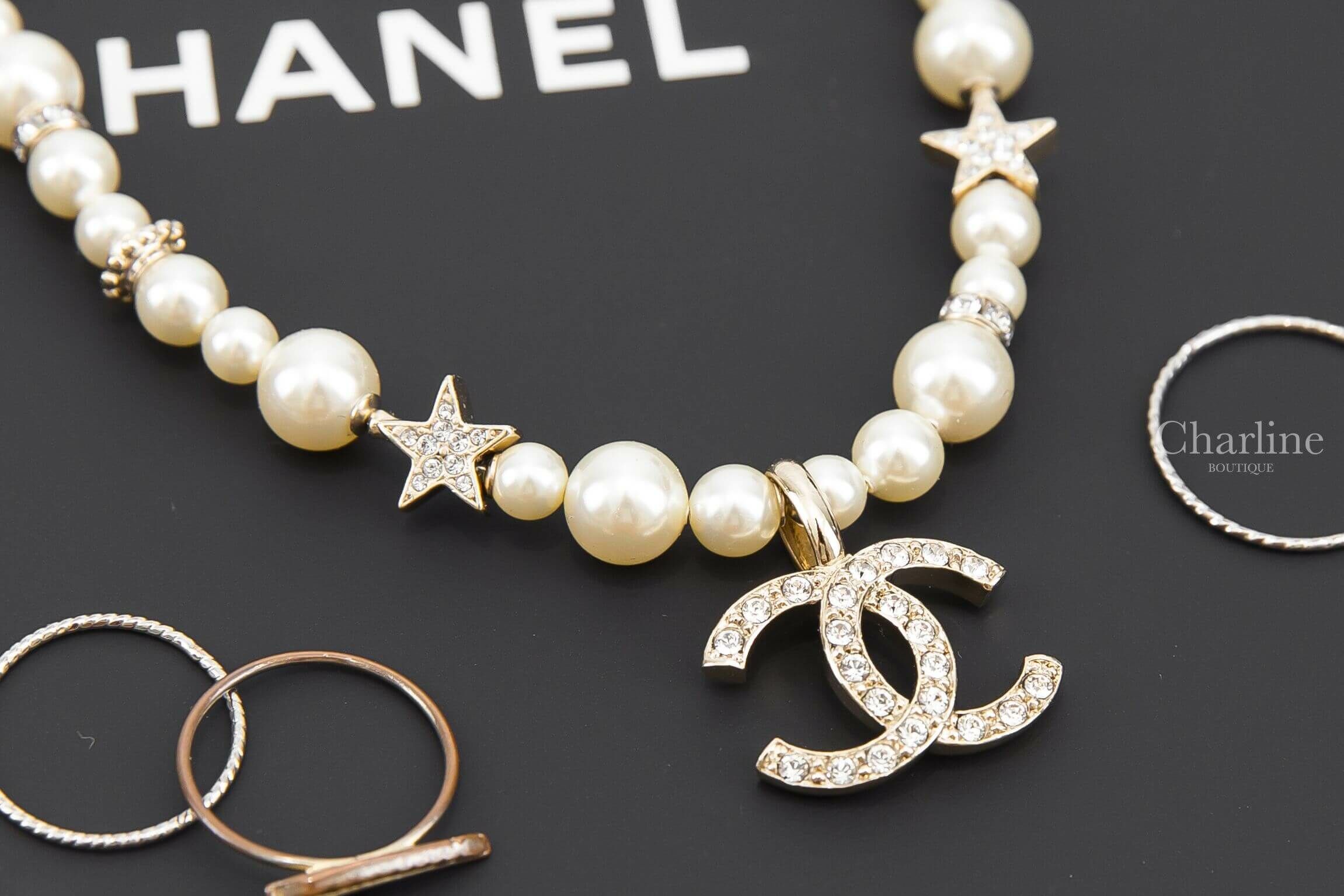 Chanel Necklace 金色水鑽星星大小珍珠水鑽CC垂墜項鍊