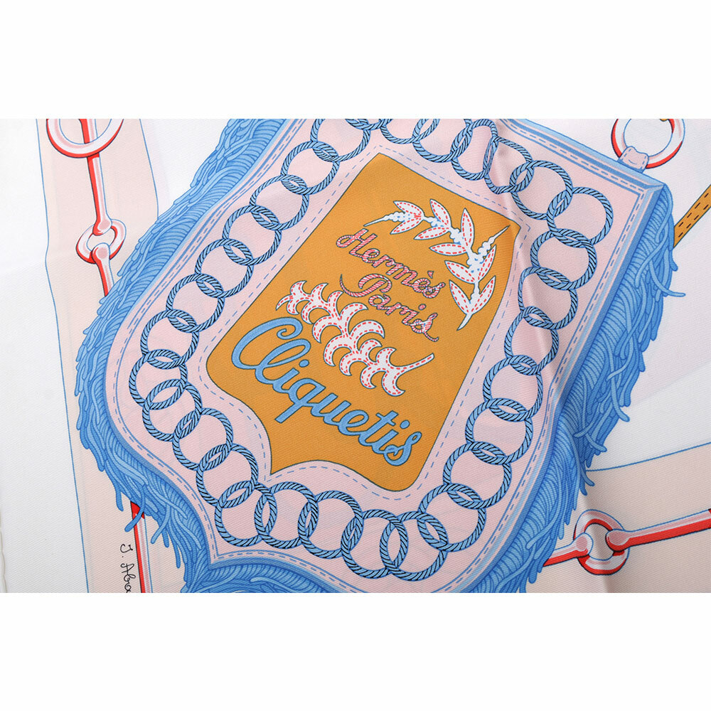 【HERMES】Cliquetis 釦環及繩索圖案絲質方巾(90 x 90)(白色/粉紅色/藍色) H001574S 35