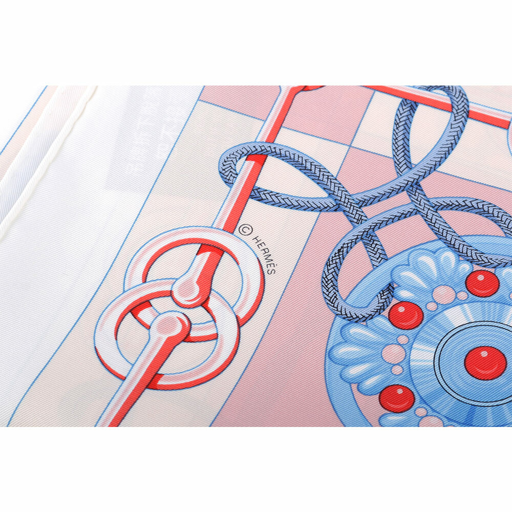 【HERMES】Cliquetis 釦環及繩索圖案絲質方巾(90 x 90)(白色/粉紅色/藍色) H001574S 35
