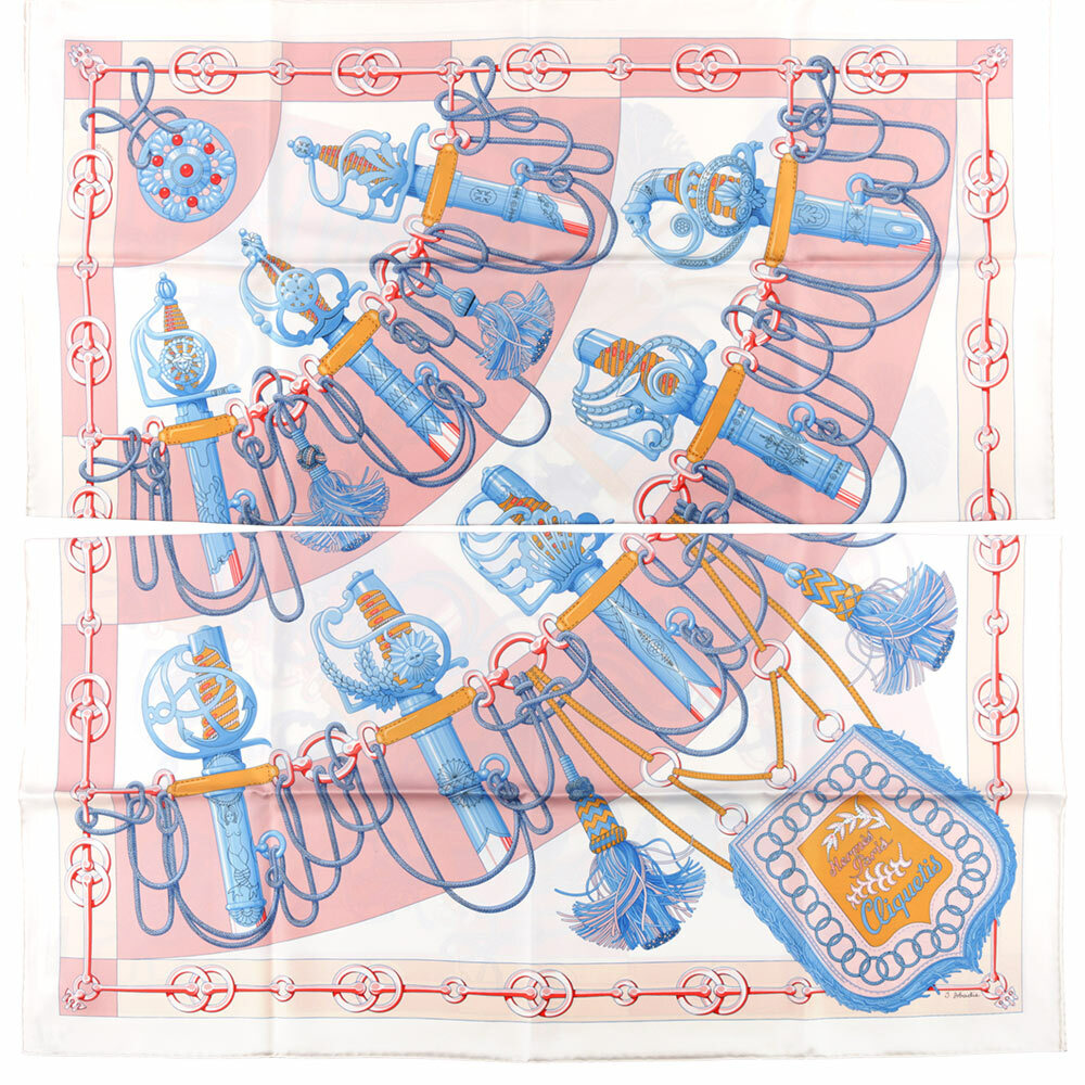【HERMES】Cliquetis 釦環及繩索圖案絲質方巾(90 x 90)(白色/粉紅色/藍色) H001574S 35