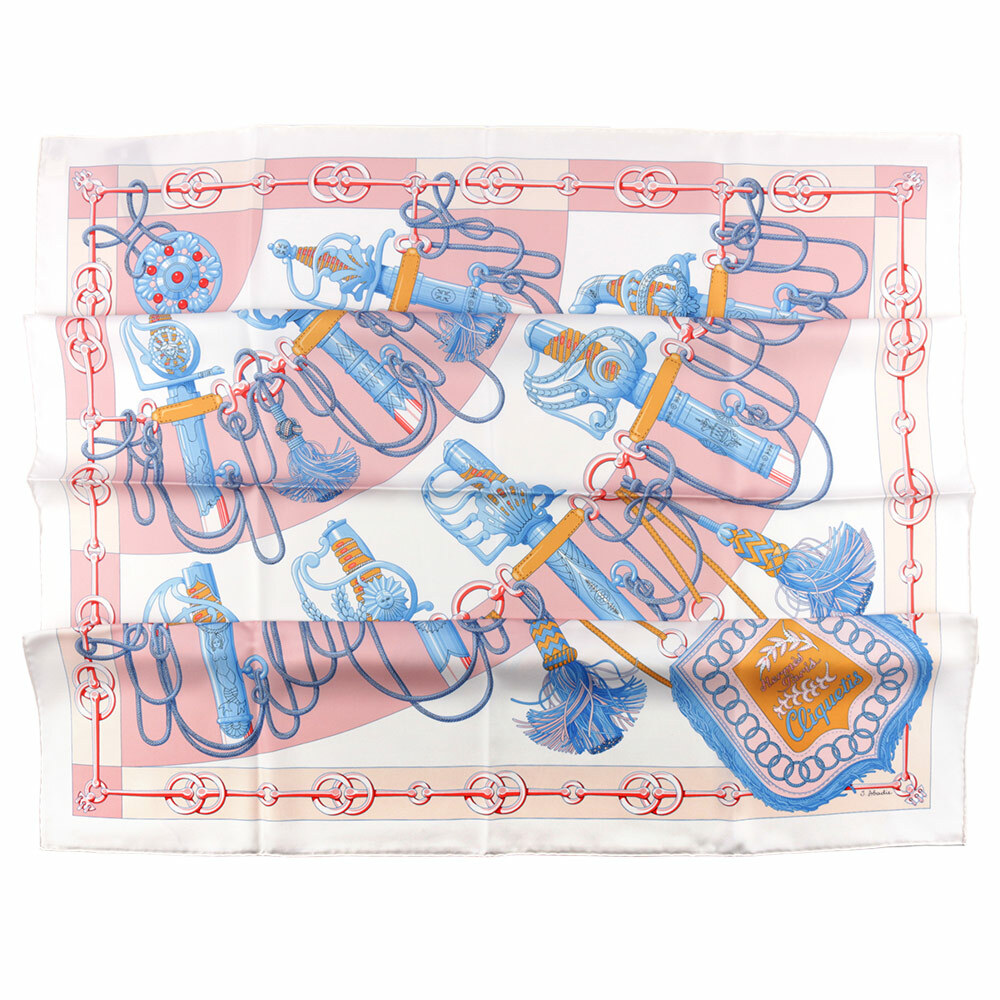 【HERMES】Cliquetis 釦環及繩索圖案絲質方巾(90 x 90)(白色/粉紅色/藍色) H001574S 35
