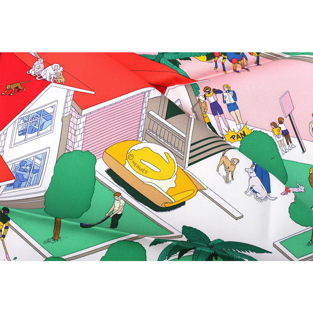 【HERMES】海灘圖案絲質方巾(90 x 90)(玫瑰粉/綠色/紅色) H003751S 01