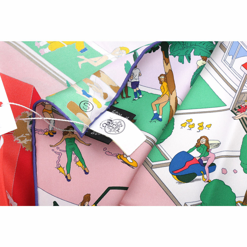 【HERMES】海灘圖案絲質方巾(90 x 90)(玫瑰粉/綠色/紅色) H003751S 01