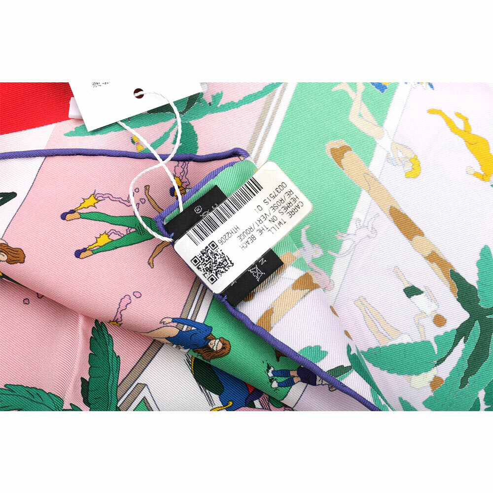 【HERMES】海灘圖案絲質方巾(90 x 90)(玫瑰粉/綠色/紅色) H003751S 01