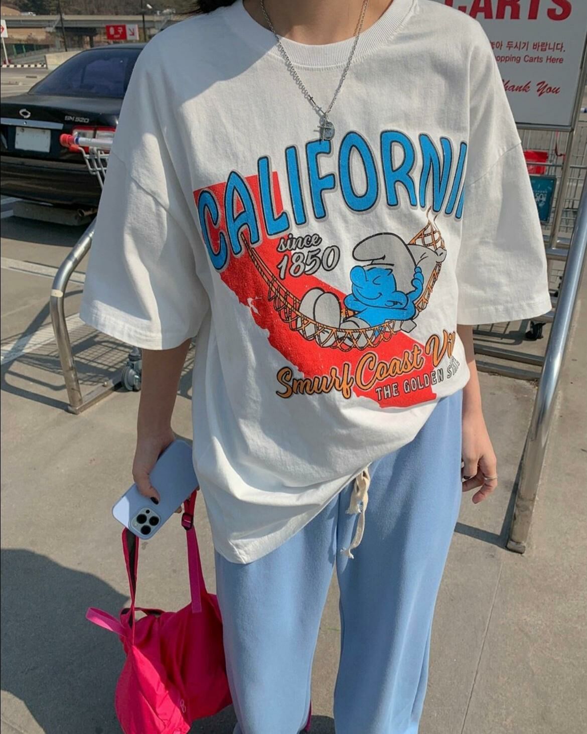 洗水藍精靈圖案英文字短袖Tee T5358