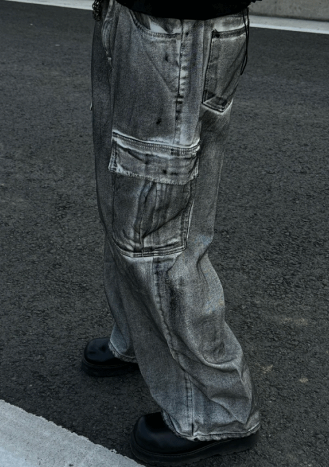 白色骯髒工裝牛仔褲