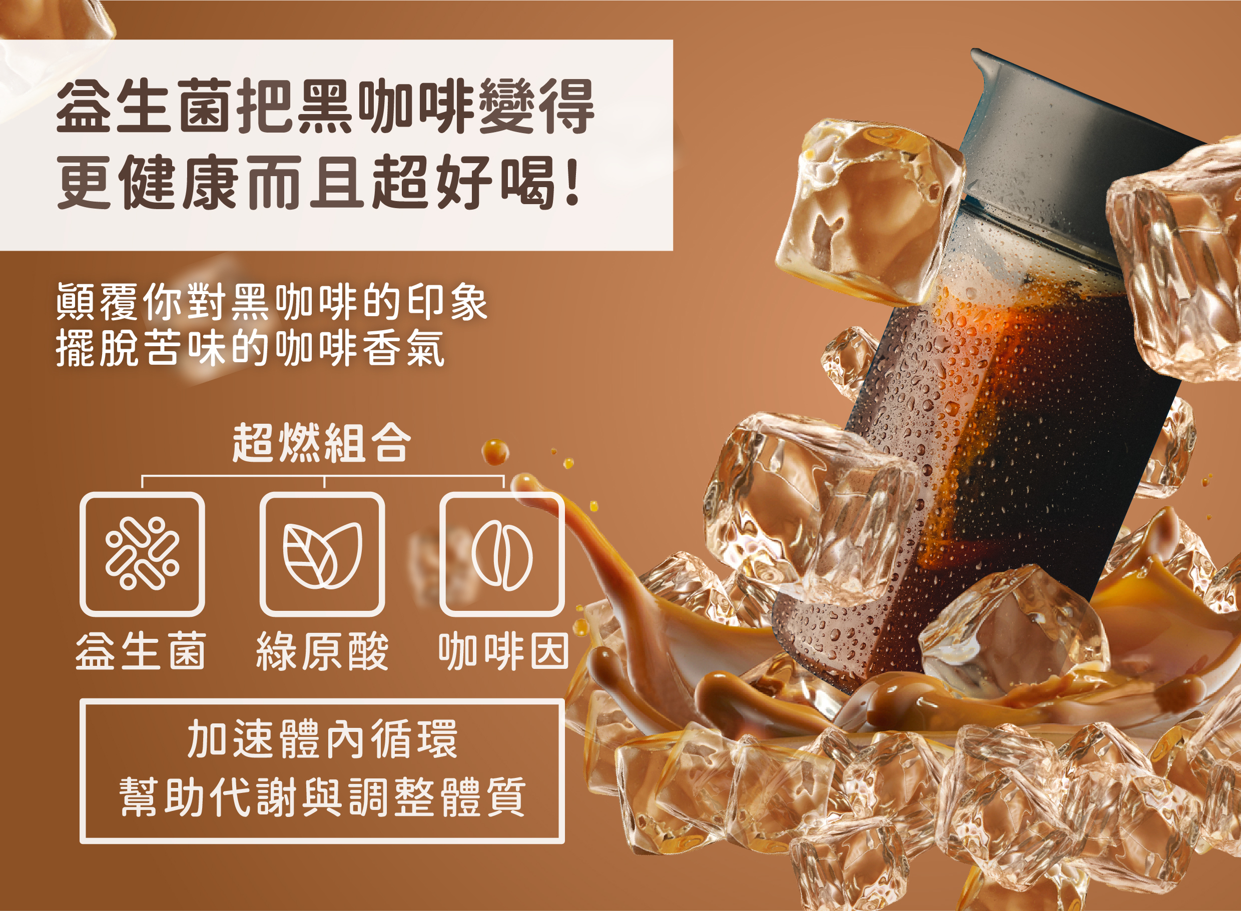 益生菌把黑咖啡變得更健康而且超好喝!顛覆你對黑咖啡的印象，擺脫苦味的咖啡香氣，超然組合!益生菌+綠原酸+咖啡因，加速體內循環幫助代謝與調整體質的益生菌咖啡