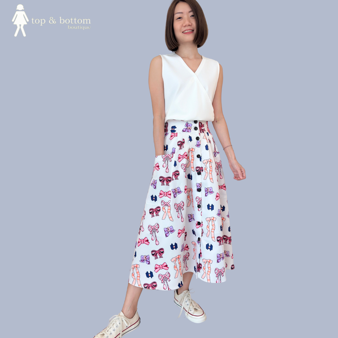 KOREA RIBBON BOW PRINT MIDI SKIRT