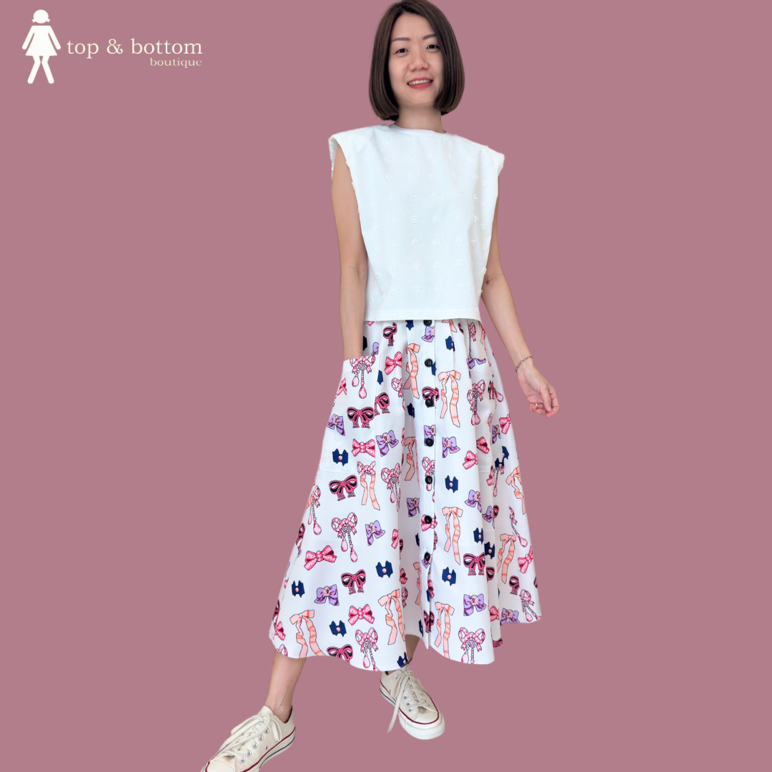 KOREA RIBBON BOW PRINT MIDI SKIRT
