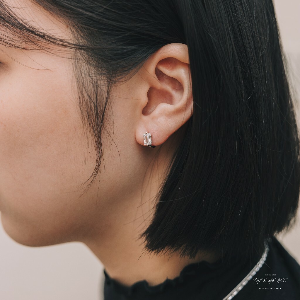 迷你方鑽圈圈｜全純銀耳環
