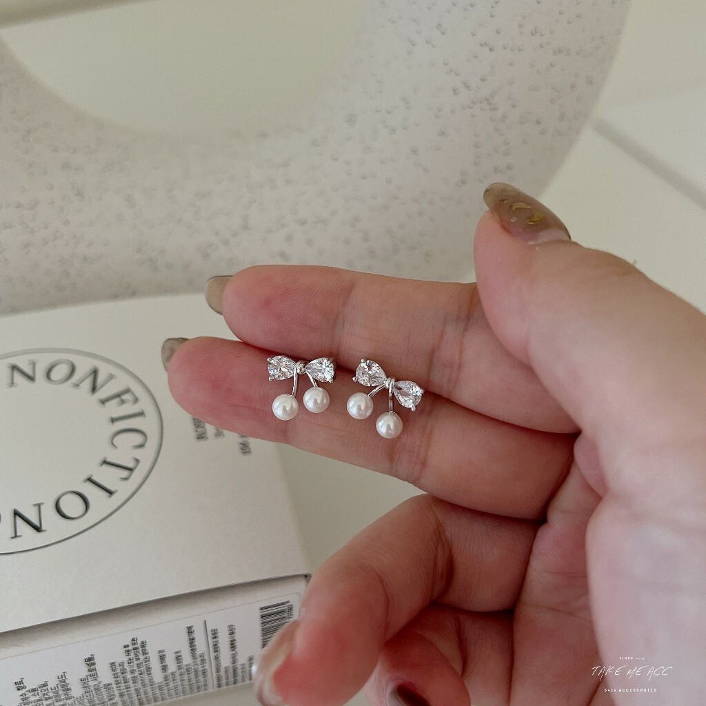 晶透珍珠蝴蝶結｜全純銀耳環