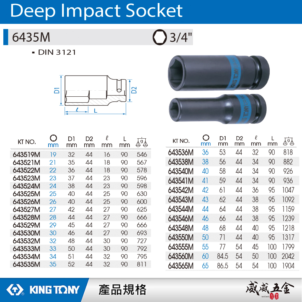 KING TONY 金統立｜公制19-65mm｜6435M｜六分 六角氣動長套筒 3/4" 6分 氣動長套筒