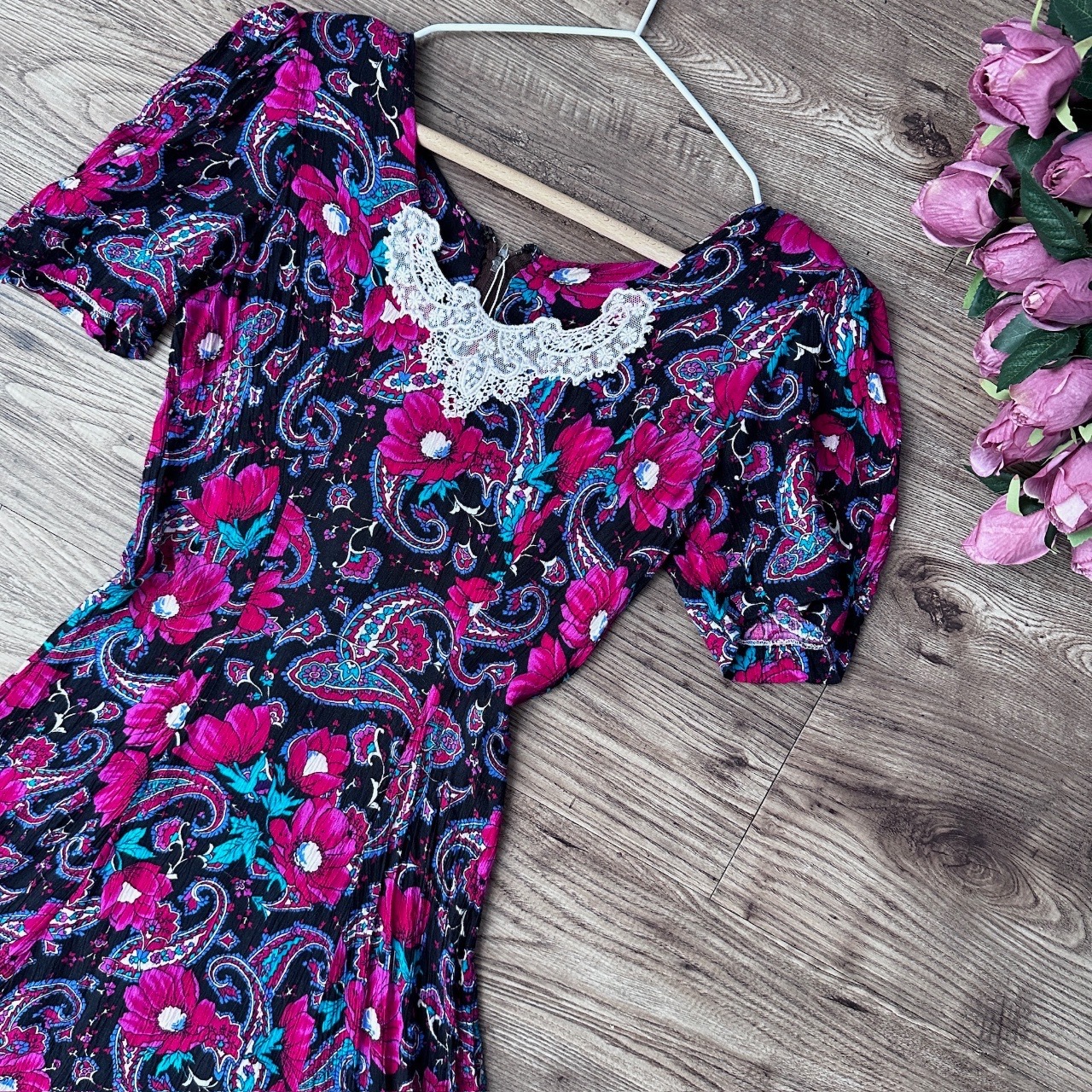 黑色×紫紅色腰果花圖案美國古著連身裙