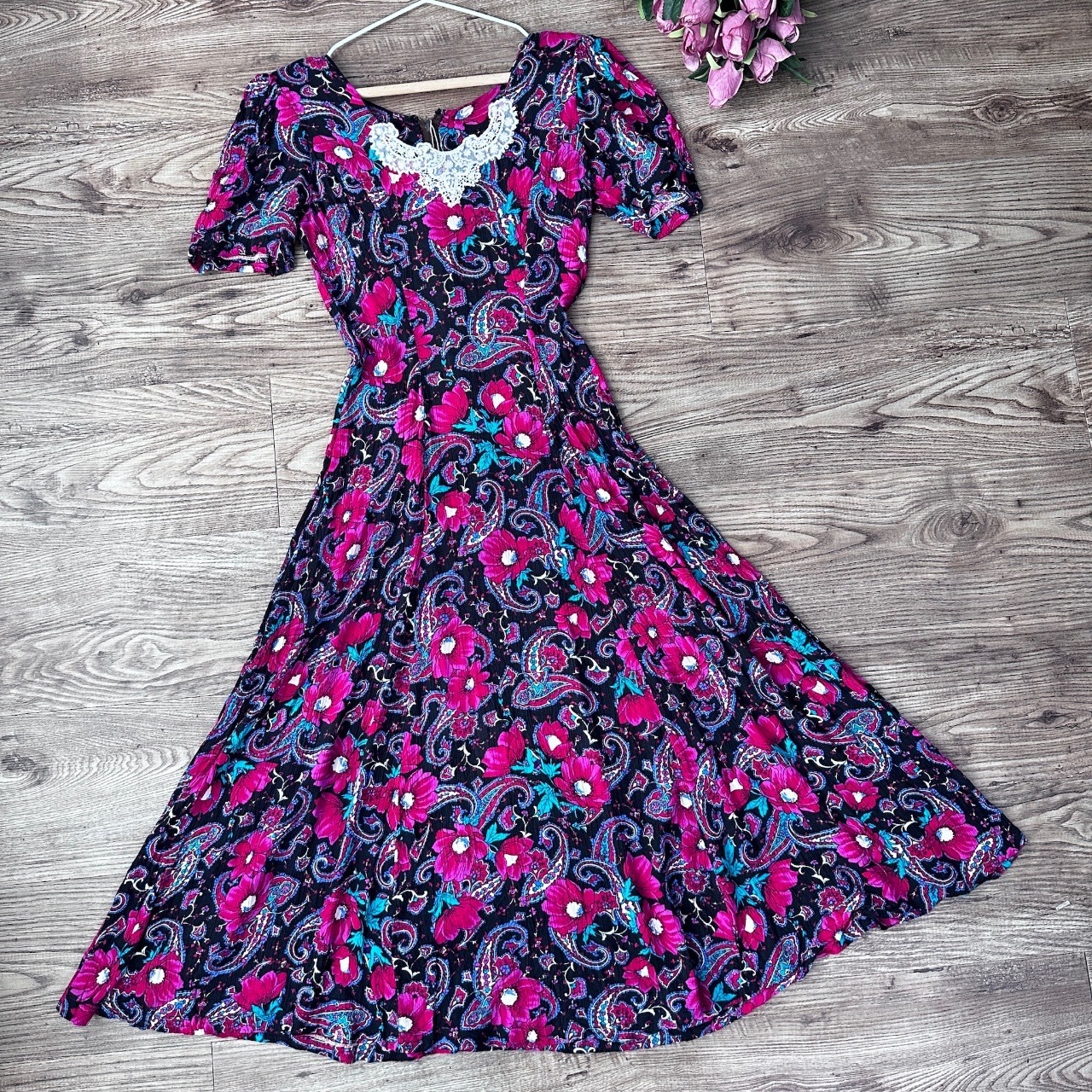 黑色×紫紅色腰果花圖案美國古著連身裙