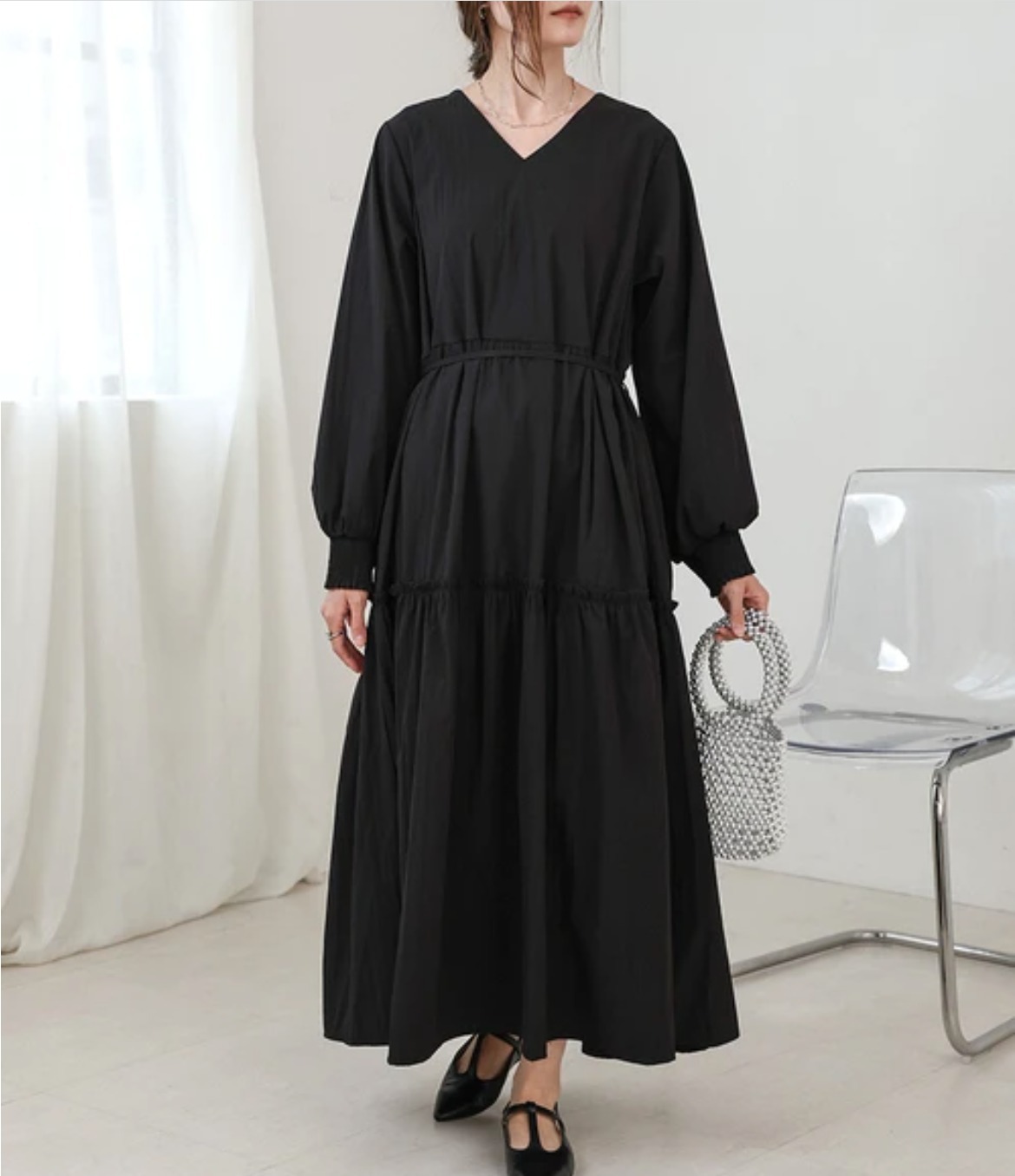 美麗輪廓V領縮褶連身裙 (兩色入) 【日本直送】