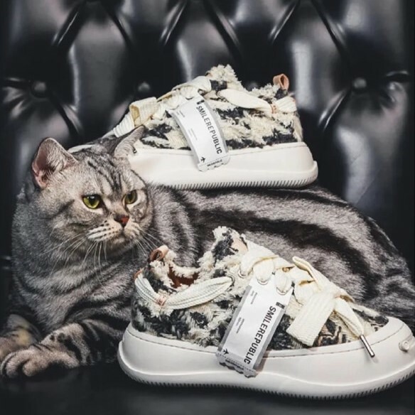 SMILEREPUBLIC 開口笑 厚底 一般款 帆布鞋 黑白 起司貓 SR20220101037