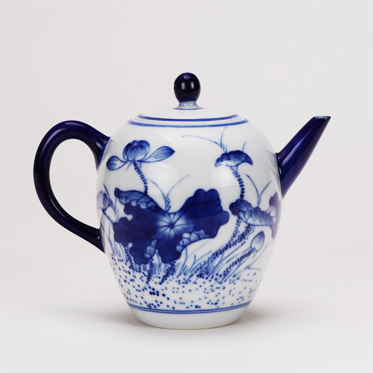 鹿港窯禮品館│手繪荷花青花茶具組1壺2杯(大美人肩壺雙層杯)禮盒套裝