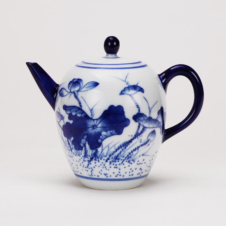 鹿港窯禮品館│手繪荷花青花茶具組1壺2杯(大美人肩壺雙層杯)禮盒套裝