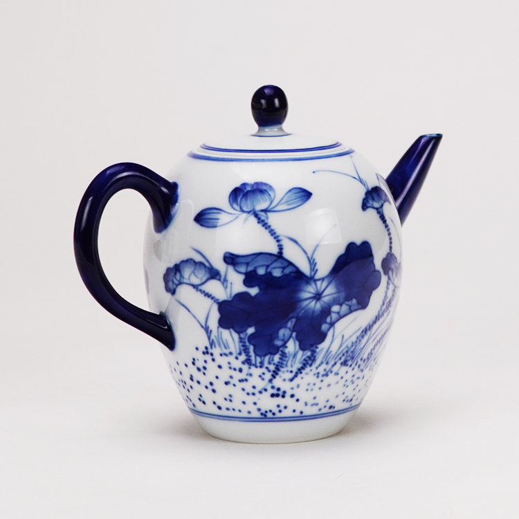 鹿港窯禮品館│手繪荷花青花茶具組1壺2杯(大美人肩壺雙層杯)禮盒套裝