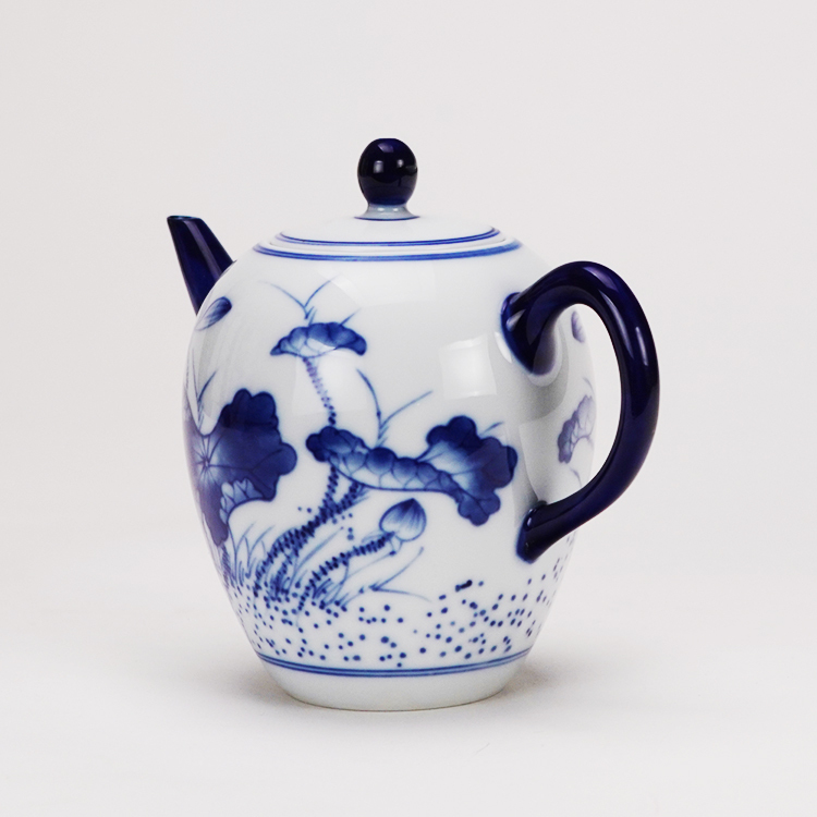 鹿港窯禮品館│手繪荷花青花茶具組1壺2杯(大美人肩壺雙層杯)禮盒套裝