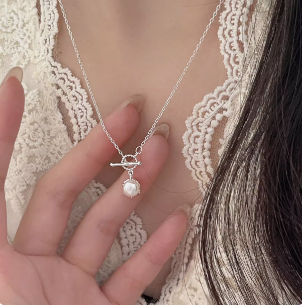 French Baroque Pearl Pendant Dainty Necklace with OT Clasp