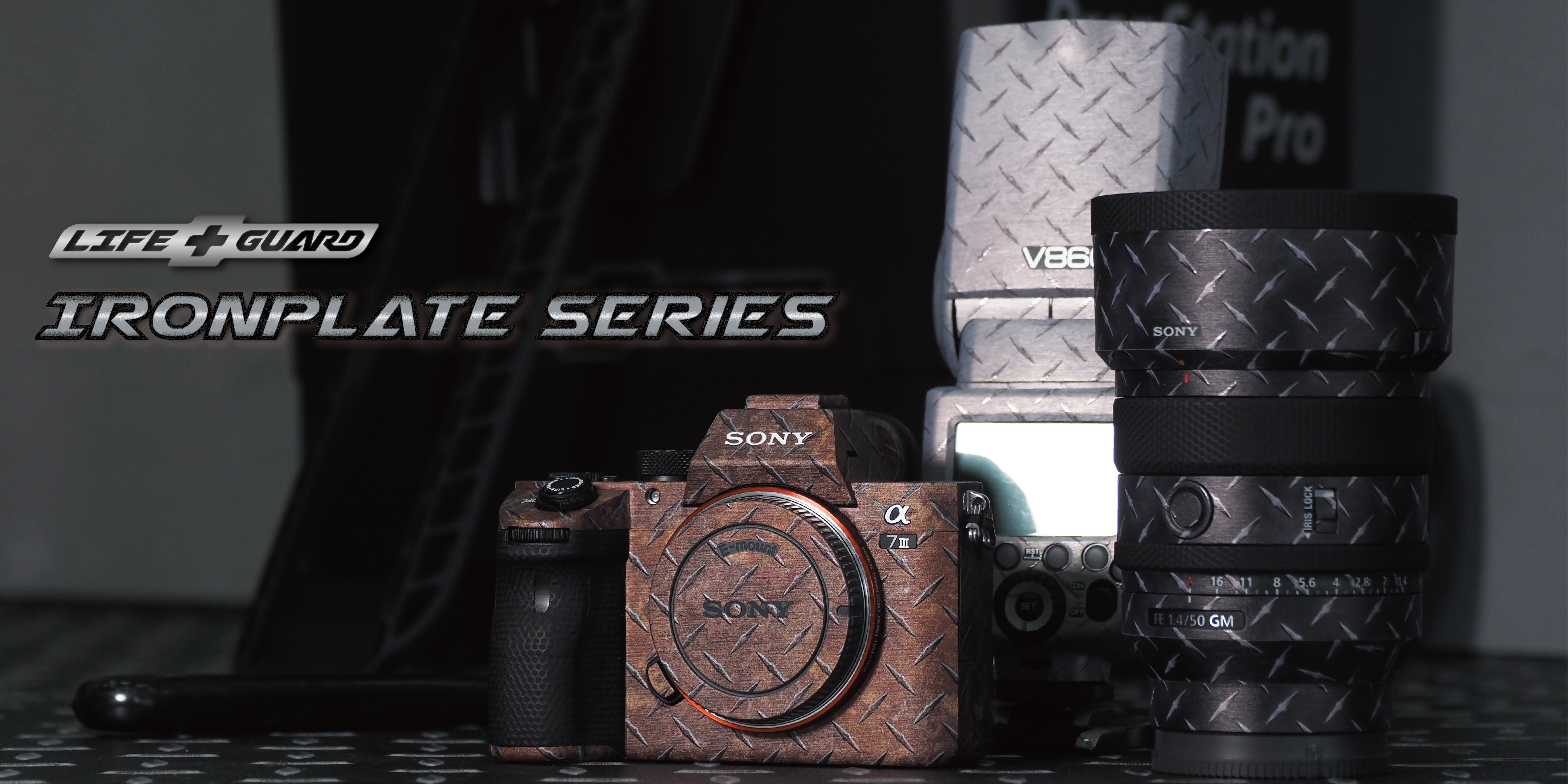 LIFE+GUARD Steel Plate Pattern Series camera skin applied to Sony series camera lenses.