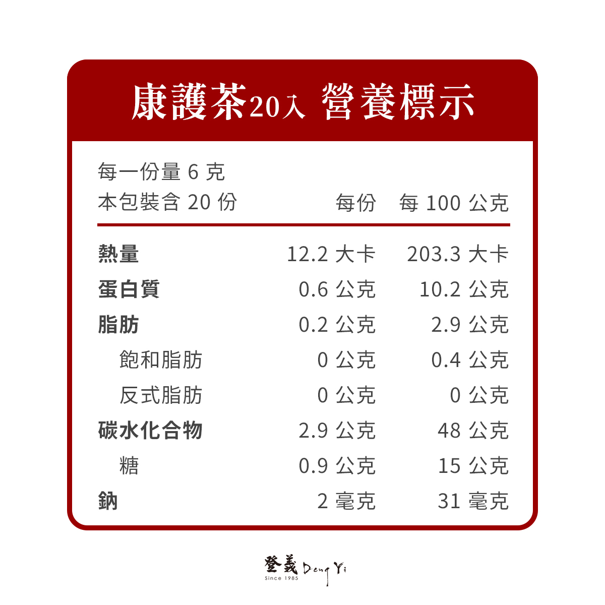 康護茶營養標示