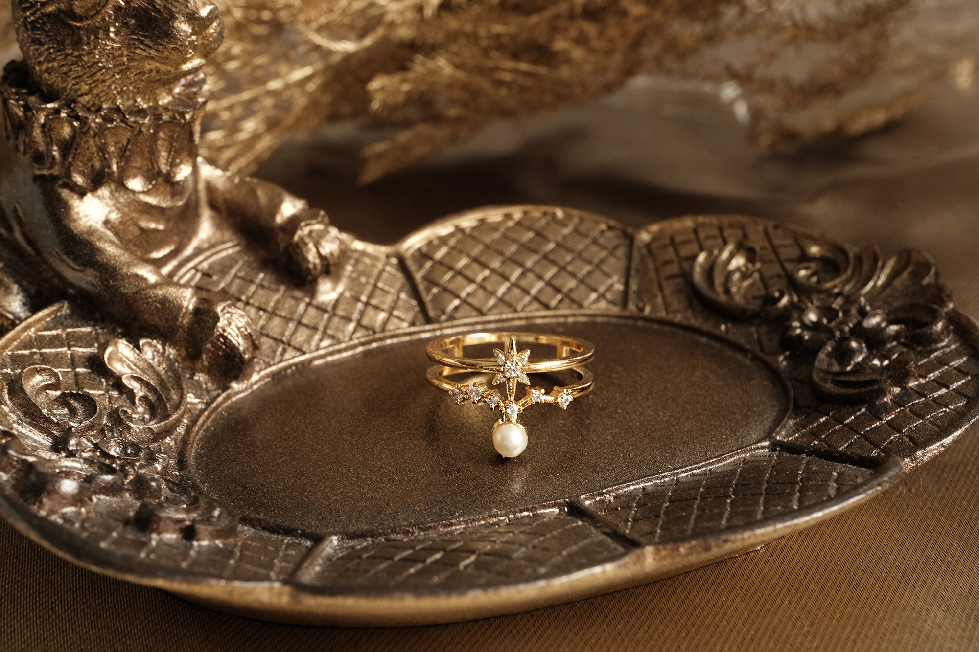 黃銅飾品,黃銅,施華洛世奇水晶珍珠,百搭,星星,戒指,18K金,鋯石,可調式,氣質