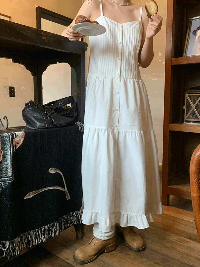 [福利品] 細肩排扣蛋糕洋裝 [ 白色 / Free ]