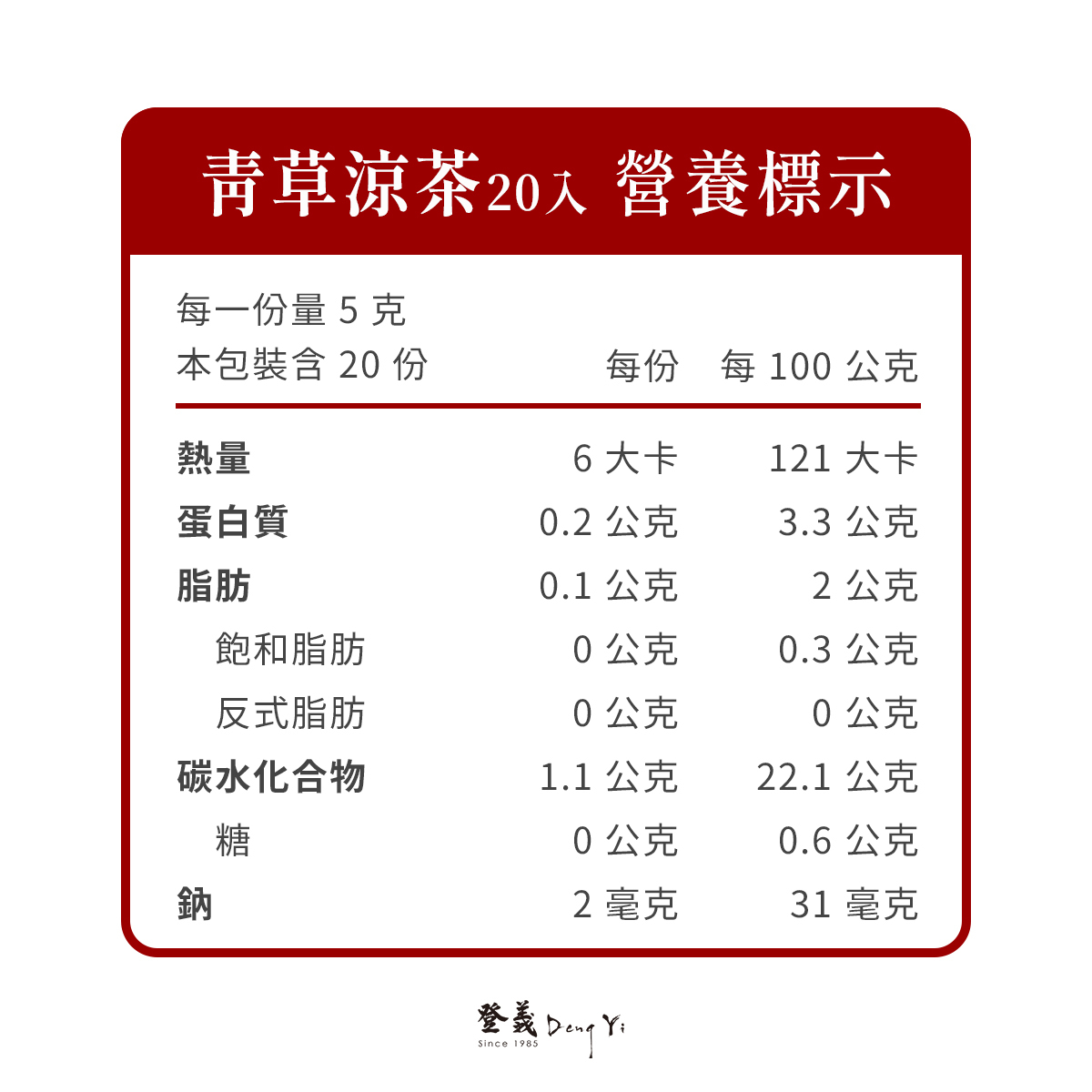 青草涼茶營養標示