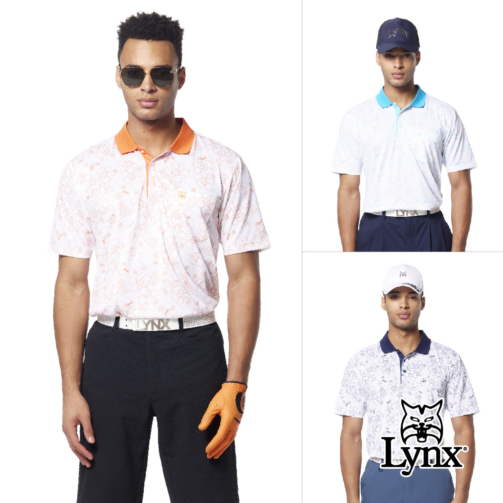 【Lynx Golf】吸排機能織紋扶桑花造型胸袋POLO衫/高爾夫球衫