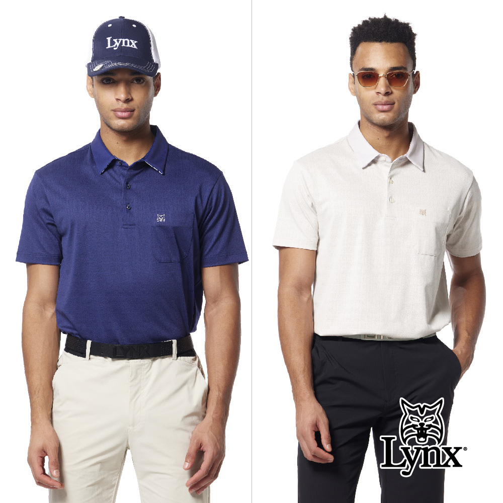【Lynx Golf】吸排雙面緹花翻領印花胸袋POLO衫/高爾夫球衫