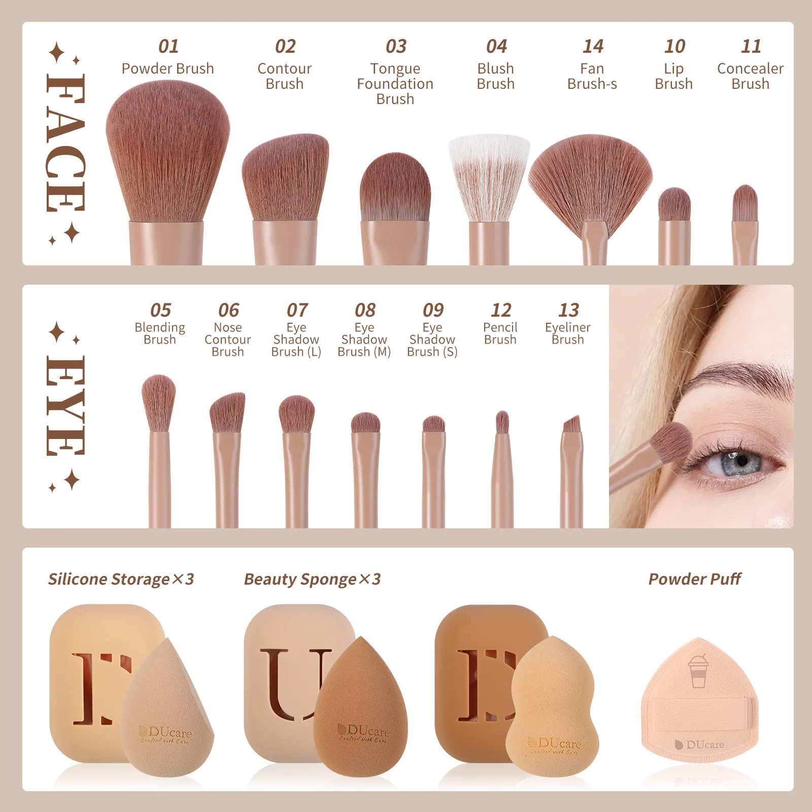 DUcare - [22 pcs] Silicon storage beauty Sponge set & Makeup Brush set