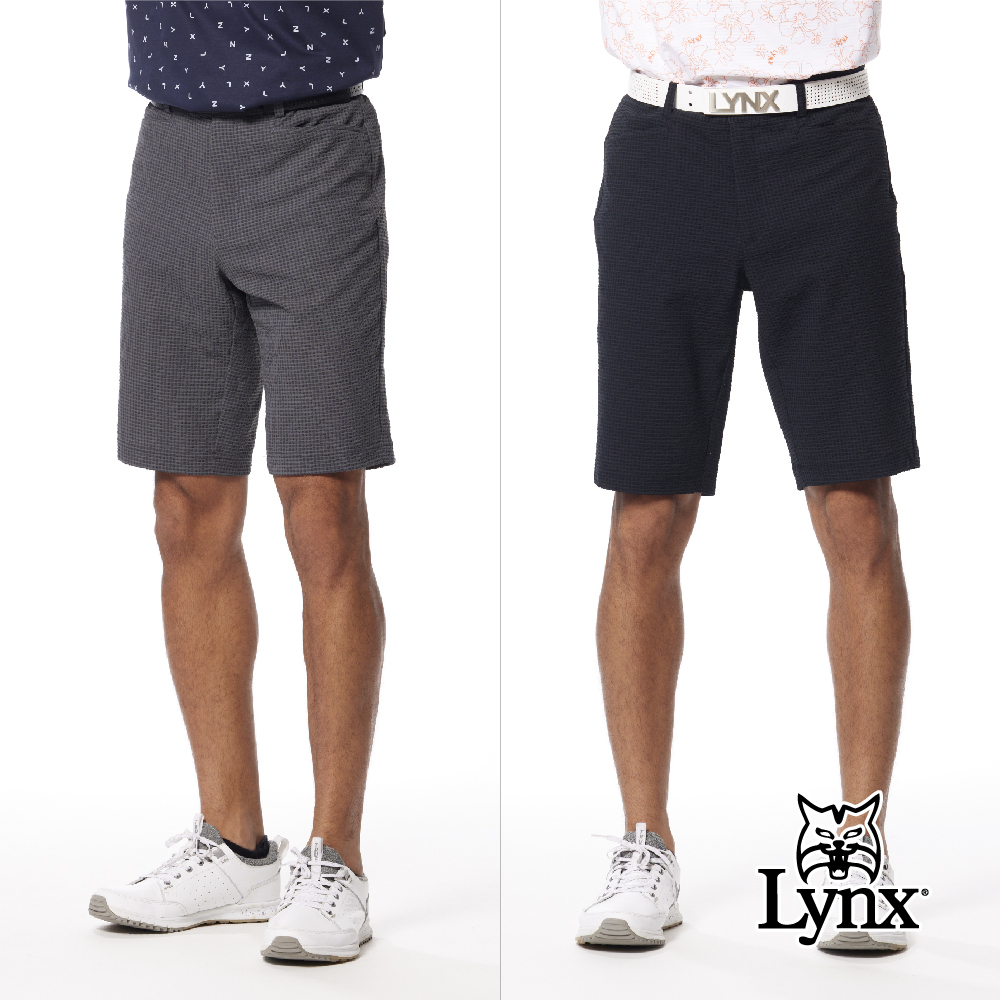 【Lynx Golf】日本面料泡泡布透氣經典格紋後袋繡花平口休閒短褲