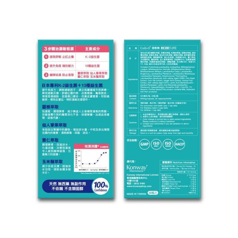 Colli-G 濕敏樂 ECZECURE【正品】Colli-G ● 舒緩濕敏症狀 ● 減輕紅熱不適 ● 改善痕癢脫皮 ● 促進損傷修護 ● 減類固醇依賴 ● 改善皮膚過敏 ● 清濕熱祛濕毒 ● 改善疲倦乏力
