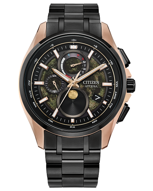 CITIZEN ATTESA HAKUTO-R COLLABORATION LIMITED EDITION BY1009-64Y WATCH Eco-Drive BY1009-64Y 月相錶盤黑色鈦金屬光動能男士手錶 限量版