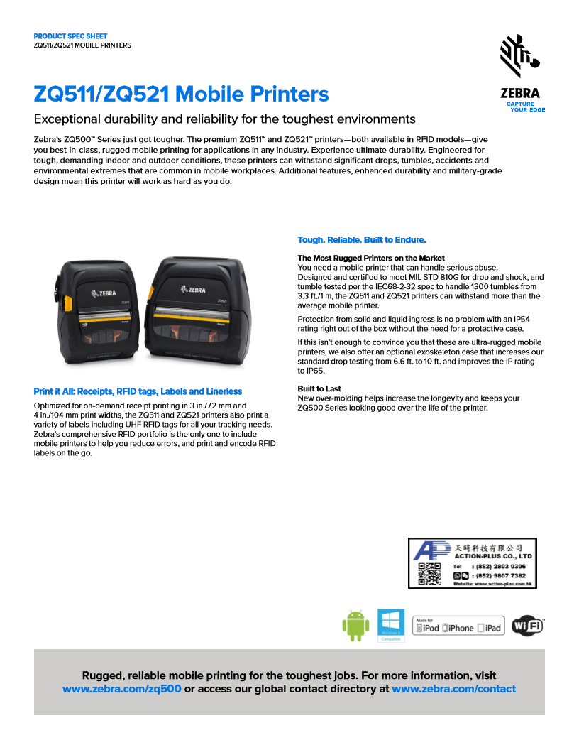 Zebra ZQ500 系列 ZQ511 ZQ521 ZQ521, ZQ511, ZQ521 RFID, ZQ511 RFID 攜帶型條碼打印機
