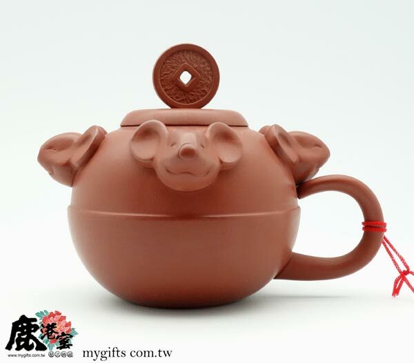鹿港窯禮品館│意象十二生肖【鼠來富-事事如意壺】 朱砂泥