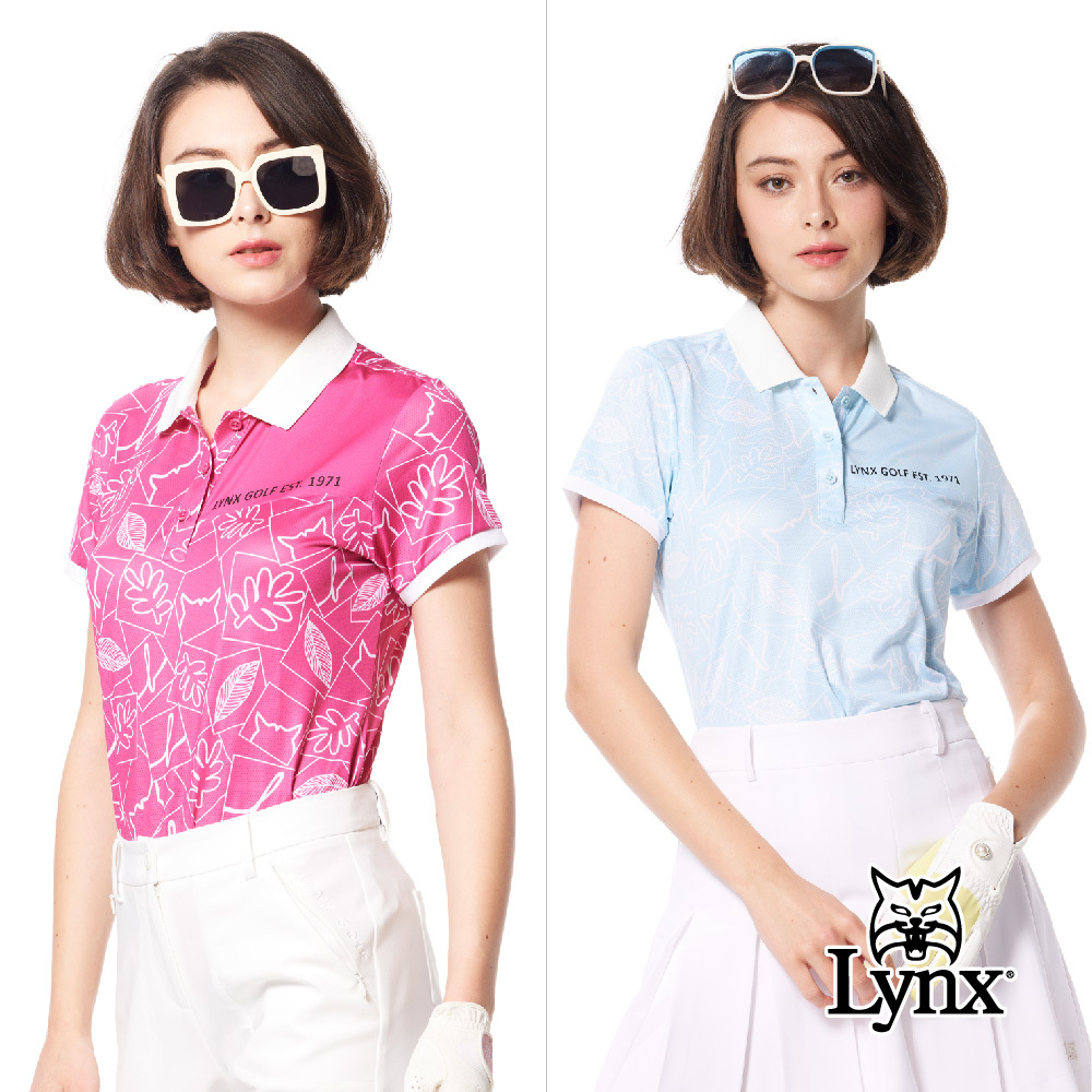 【Lynx Golf】吸排電腦領花草印花洞洞布剪接POLO衫/高爾夫球衫