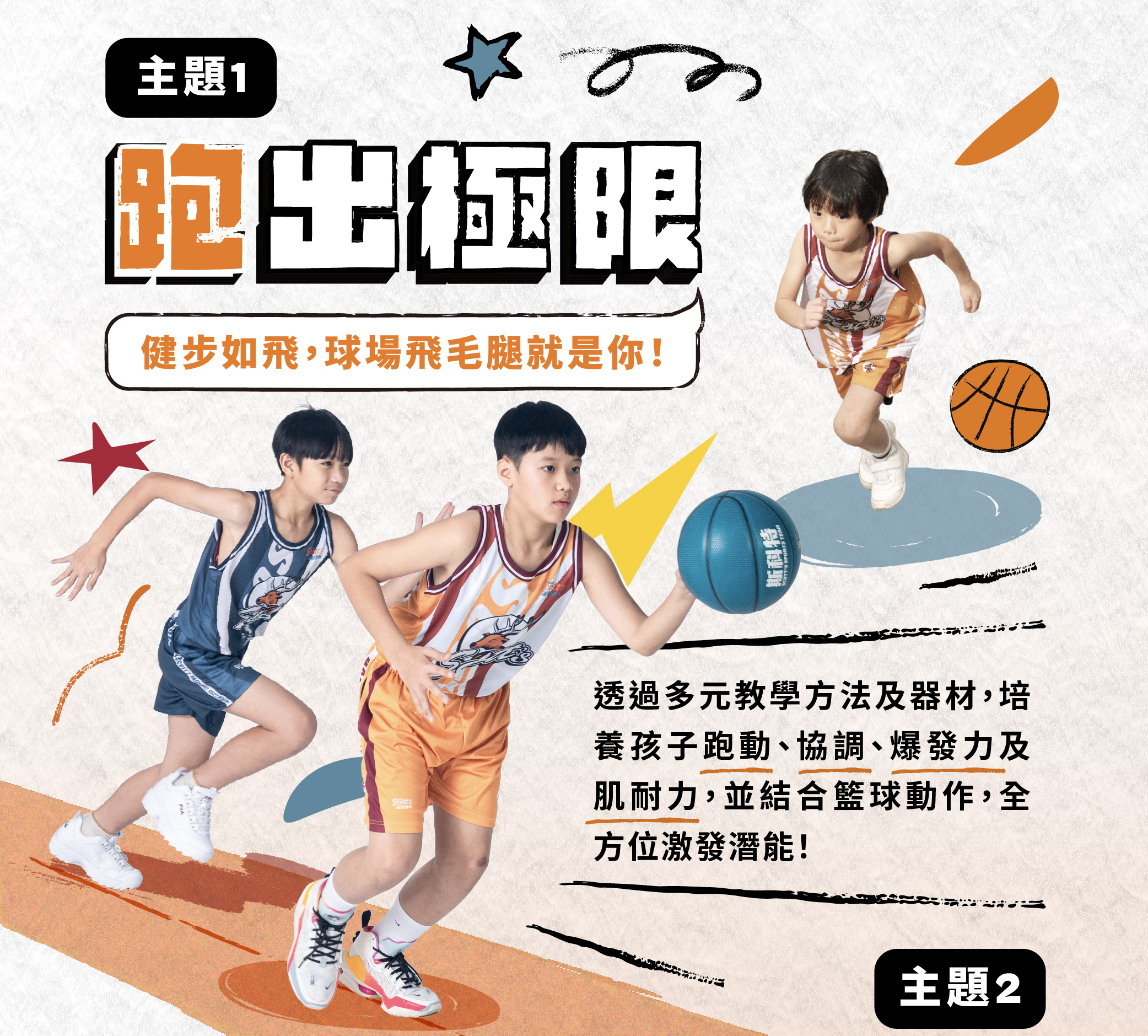 主題1:跑出極限，籃球場上有非常多跑步的動作，強化跑步能力不僅可以增加籃球場上的各項技術，在日常生活中也有達到增加肌耐力以及心肺能力的好處喔！