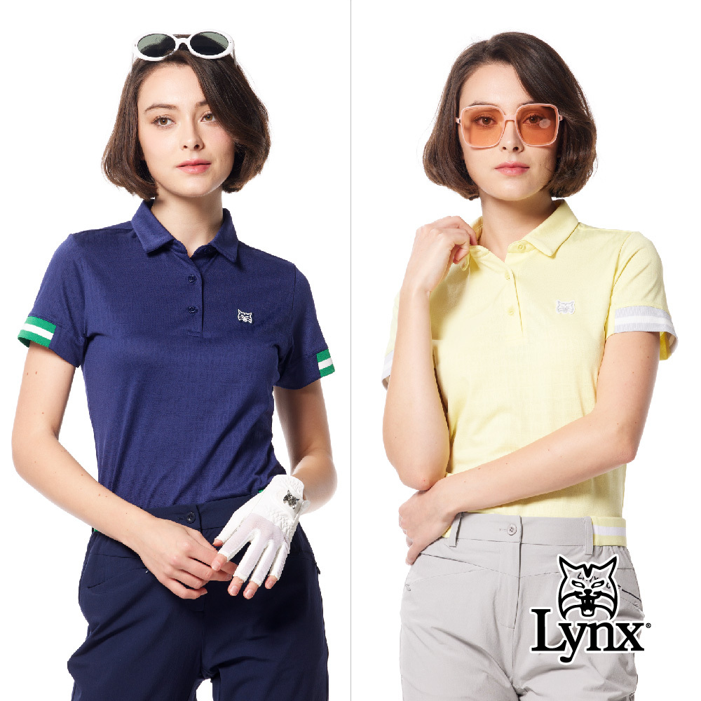 【Lynx Golf】合身版吸排緹花袖剪接羅紋膠標POLO衫/高爾夫球衫