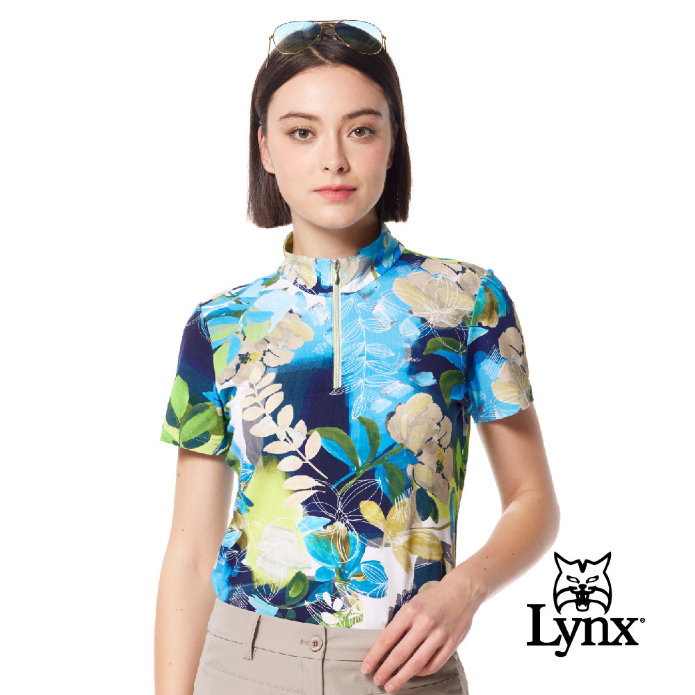 【Lynx Golf】歐洲布料柔軟舒適滿版葉子圖樣立領POLO衫
