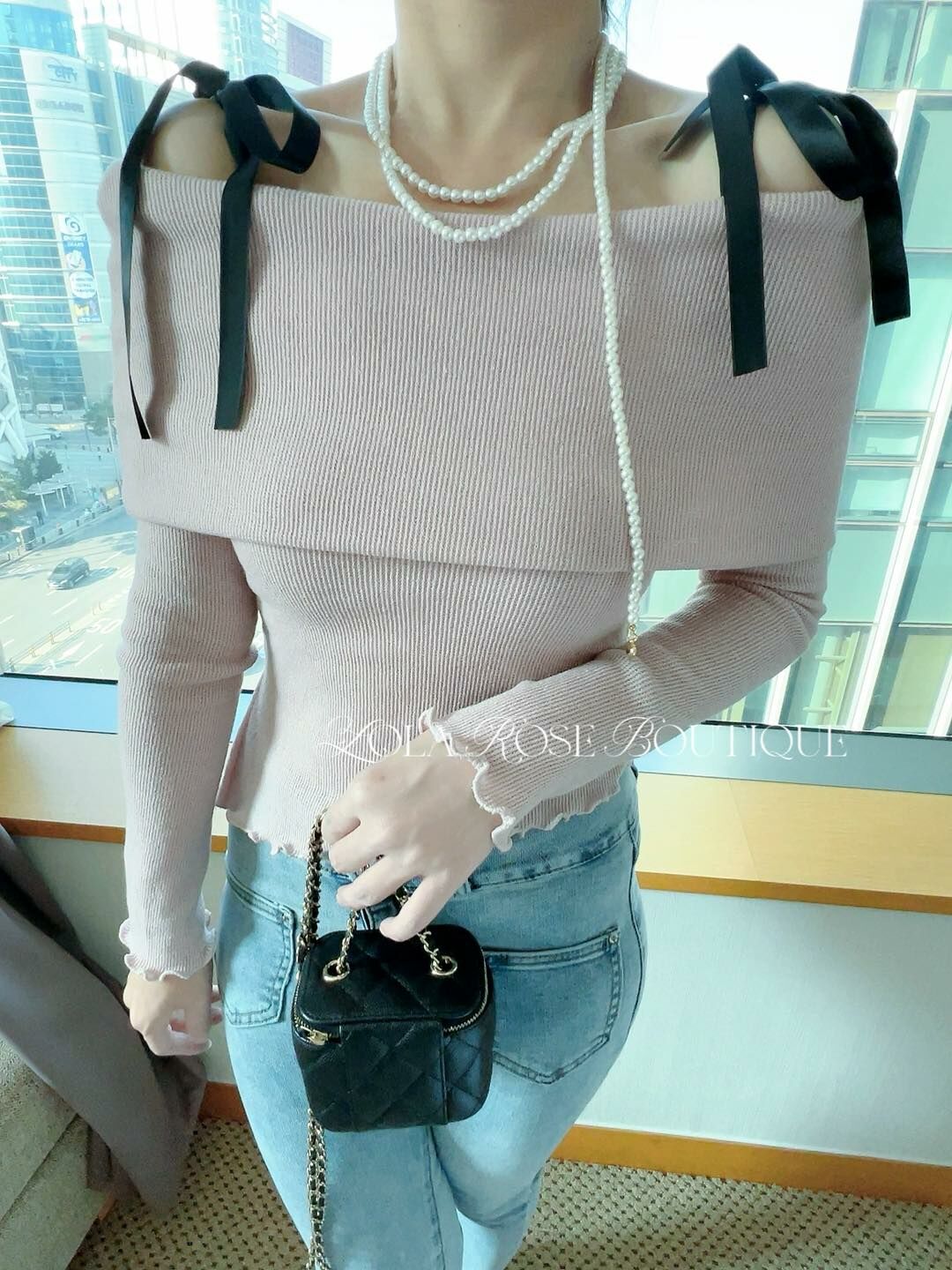 Black Off-Shoulder Tie Up Strap Top
